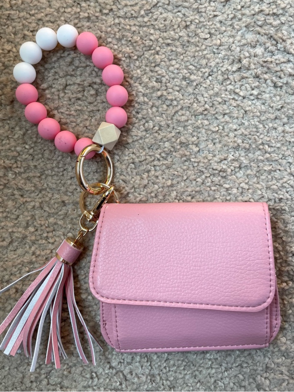 Pink Wristlet Key Chain Wallet with Silicone bangle, pleather Tassel